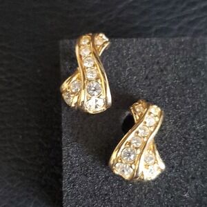 Vintage Swarovski Wave Pierced Earrings Gold Plated Clear Crystals Swan Signed